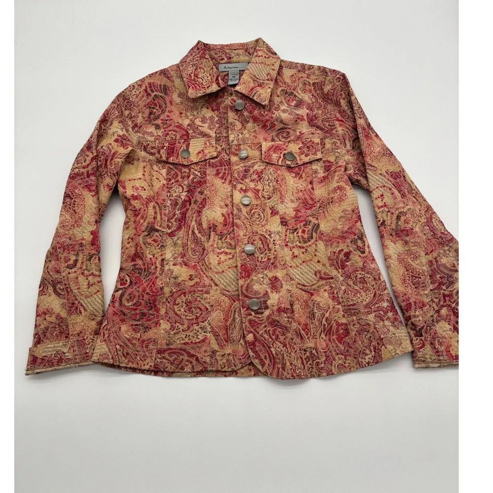 Analogy Petites‎ Paisley Print Denim Jacket Women's Size PS Red Beige Textured
